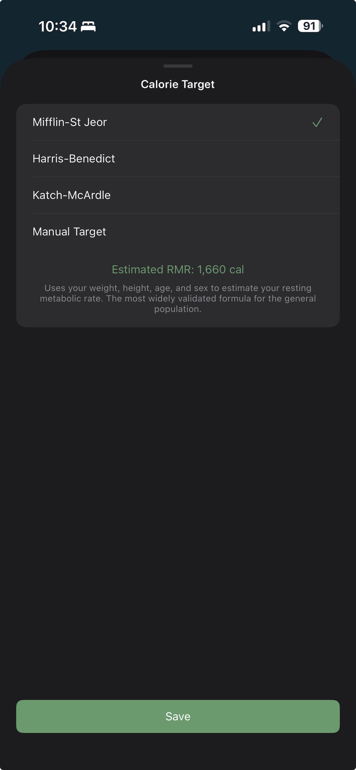 Daily Mind and Body — RMR formula picker showing Mifflin-St Jeor, Harris-Benedict, Katch-McArdle, and Manual Target options